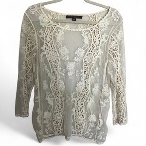 Fever embroidered sheer lace long sleeve top